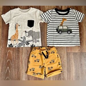 Pekkle Baby Boy Zoo Theme 3 Piece Cotton Stretch Tee & Short Set Size 9 Months